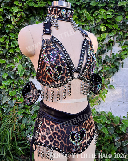 Broken Hearts Leopard Print 4 Piece Set – Bikini Top, Shorts, Wristlets & Choker