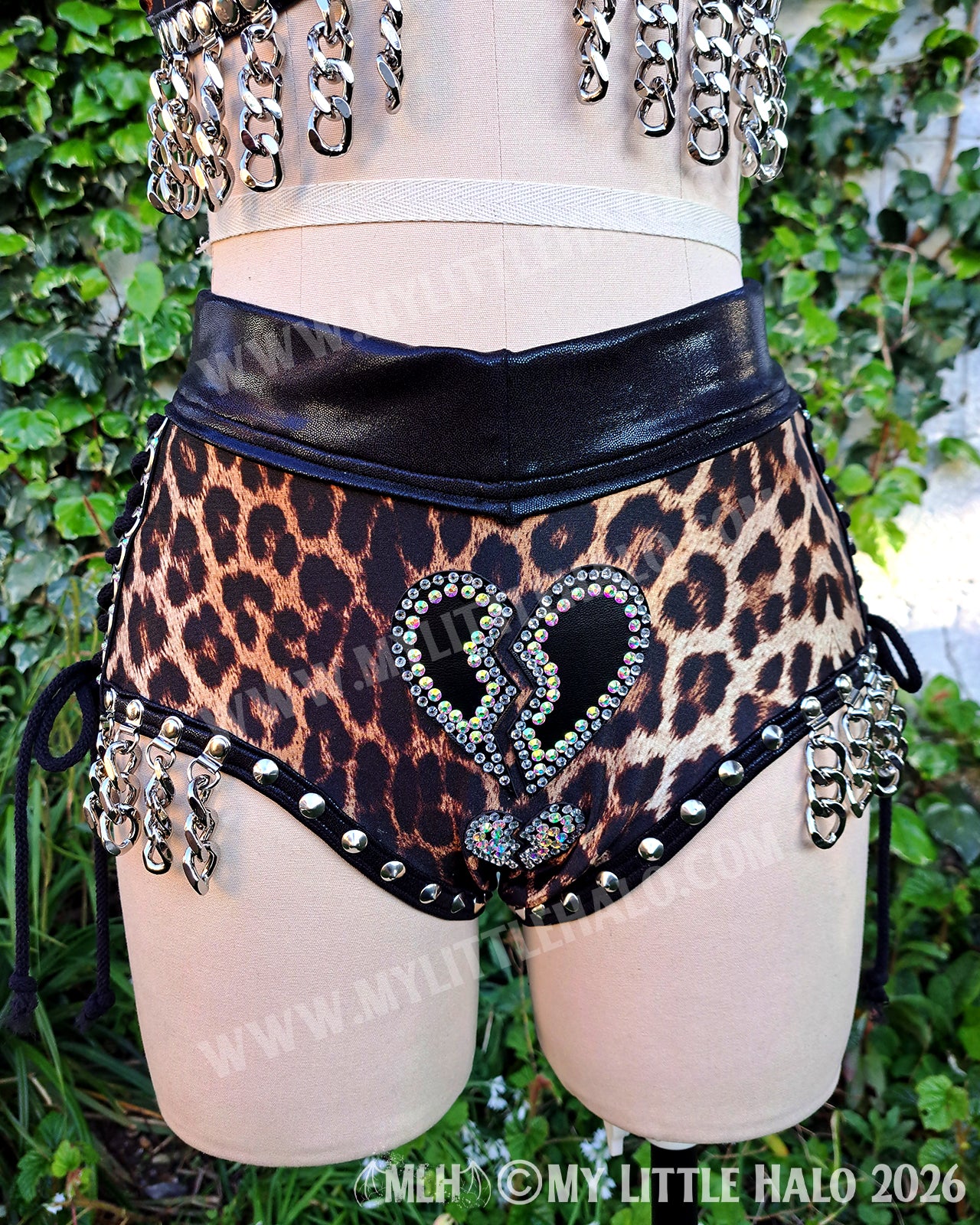 Broken Hearts Leopard Print 4 Piece Set – Bikini Top, Shorts, Wristlets & Choker