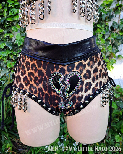Broken Hearts Leopard Print 4 Piece Set – Bikini Top, Shorts, Wristlets & Choker