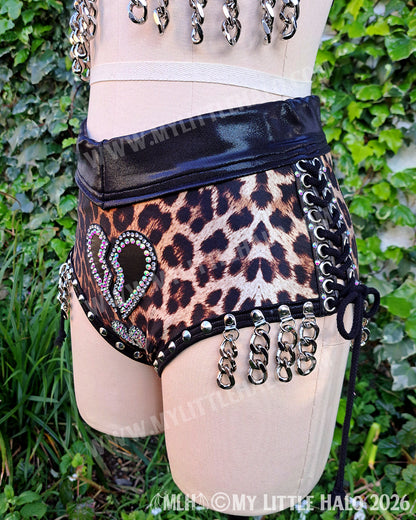Broken Hearts Leopard Print 4 Piece Set – Bikini Top, Shorts, Wristlets & Choker