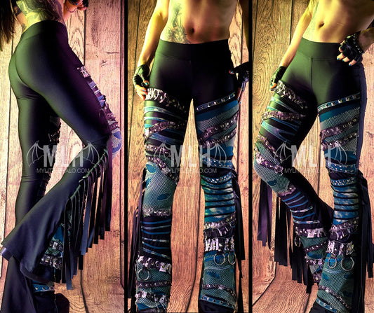 Green/Black/Denim Fringe Flares (24-01-00-14)