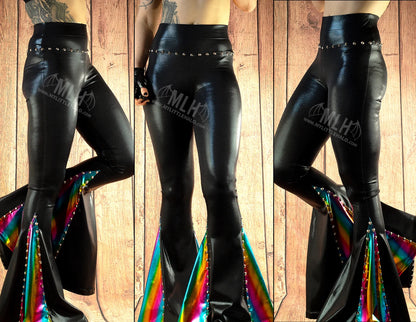 High Waisted Black/Rainbow Mega Bell Flares (Small Only)