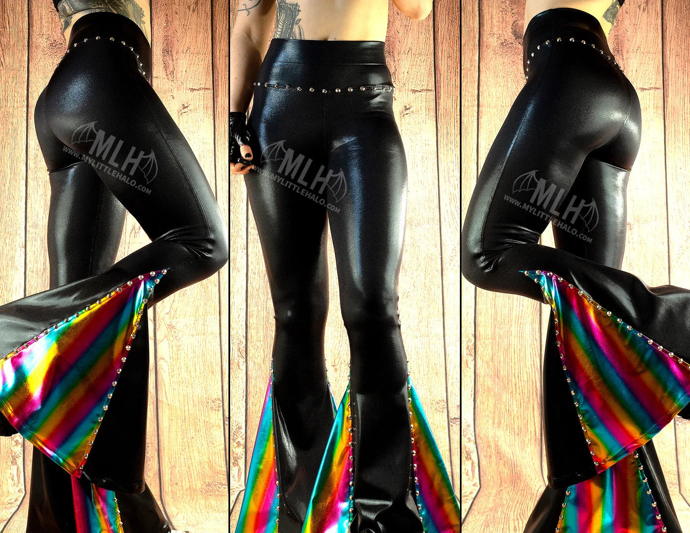 High Waisted Black/Rainbow Mega Bell Flares (Small Only)