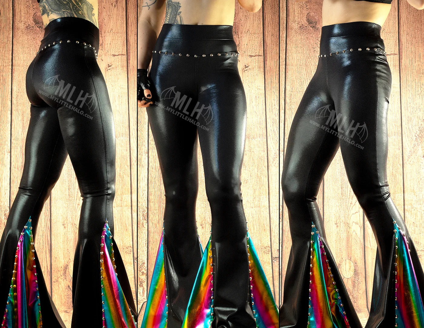 High Waisted Black/Rainbow Mega Bell Flares (Small Only) (24-01-00-12)