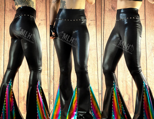 High Waisted Black/Rainbow Mega Bell Flares (Small Only)