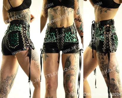 High Waisted Green Leopard Shorts (Large Only) (24-01-00-08)