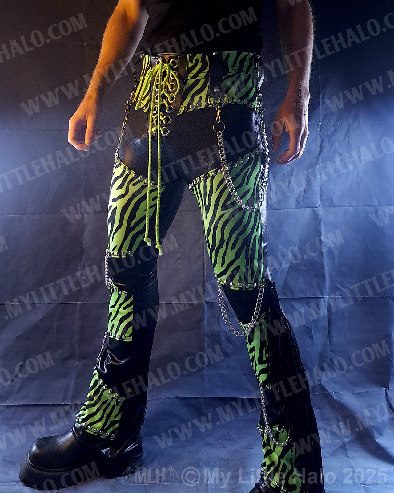 MEN’S GREEN ZEBRA BOOTCUT FRINGE PANTS (25-02-3-02)