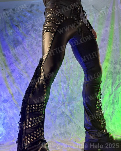 Men’s Matte Black/Faux Leather Rivet & Fringe Pants