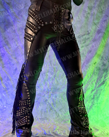Men’s Matte Black/Faux Leather Rivet & Fringe Pants