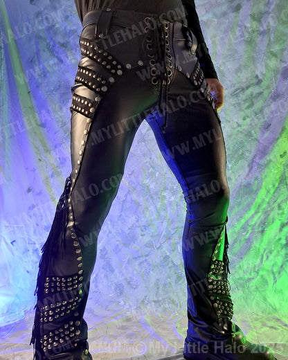 Men’s Matte Black/Faux Leather Rivet & Fringe Pants