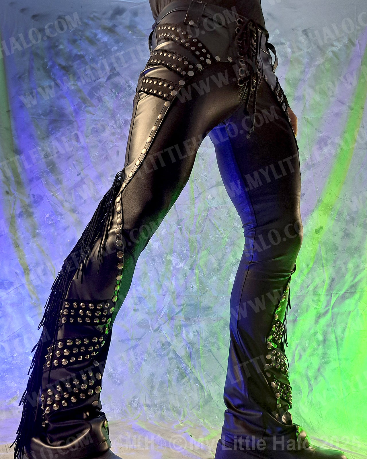 Men’s Matte Black/Faux Leather Rivet & Fringe Pants