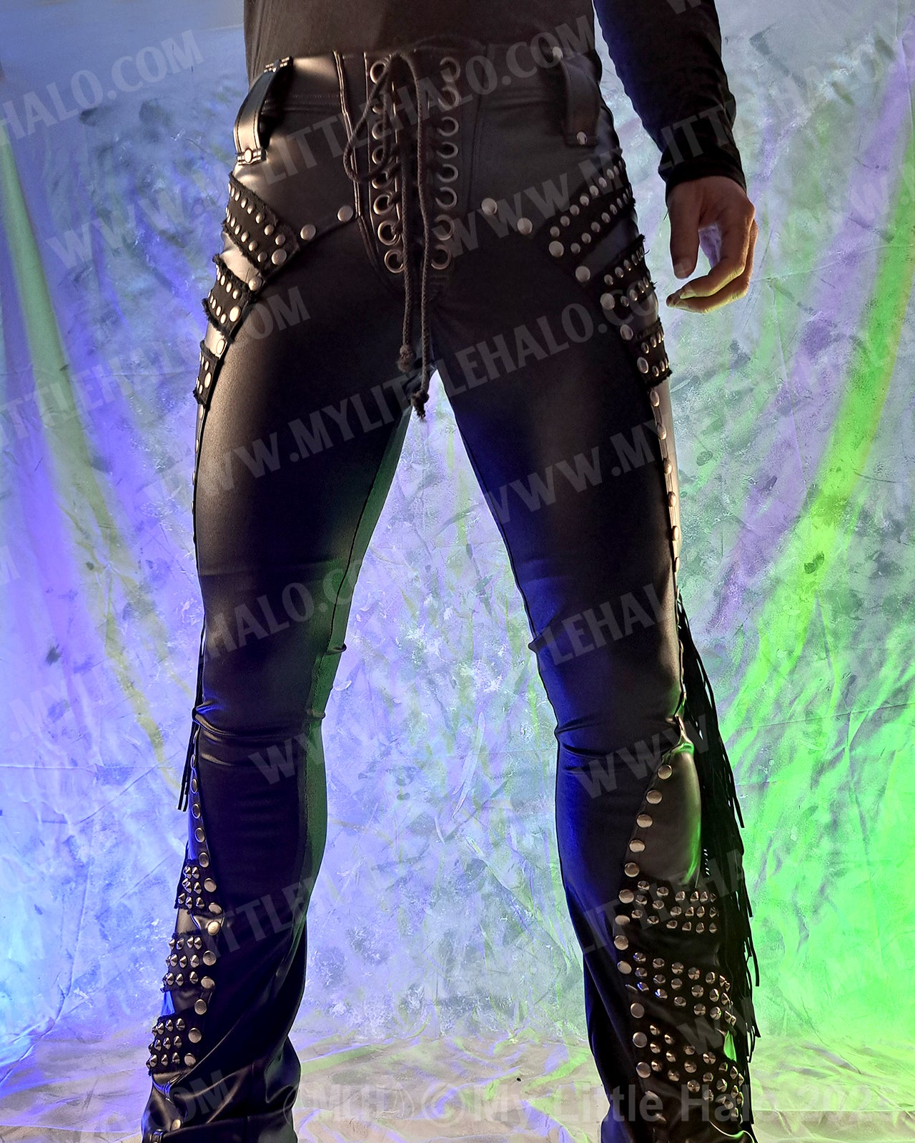 Men’s Matte Black/Faux Leather Rivet & Fringe Pants