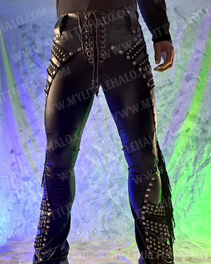 Men’s Matte Black/Faux Leather Rivet & Fringe Pants