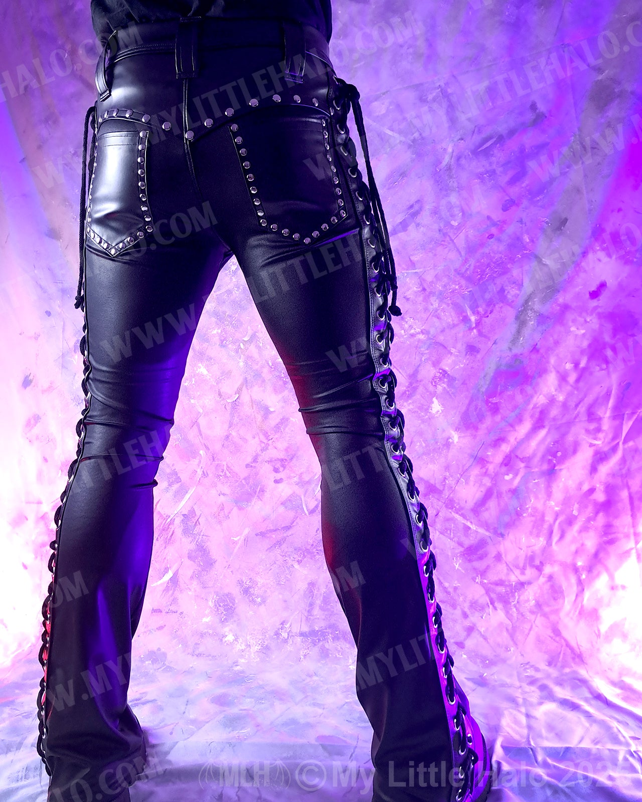 Men’s Matte Black Side Lace up Boot Cut Pants