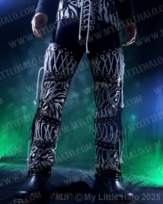 Men’s White Zebra Print Lace up Fringed Pants