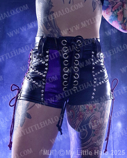 Purple/Black Lace Up High Waist Shorts