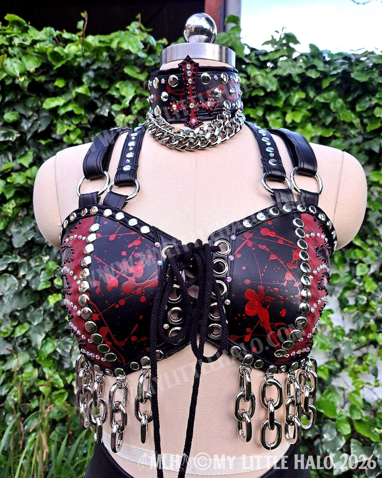 Red Flame, Blood Spatter & Chain 3 Piece Set – Bralette, Hotpants & Choker