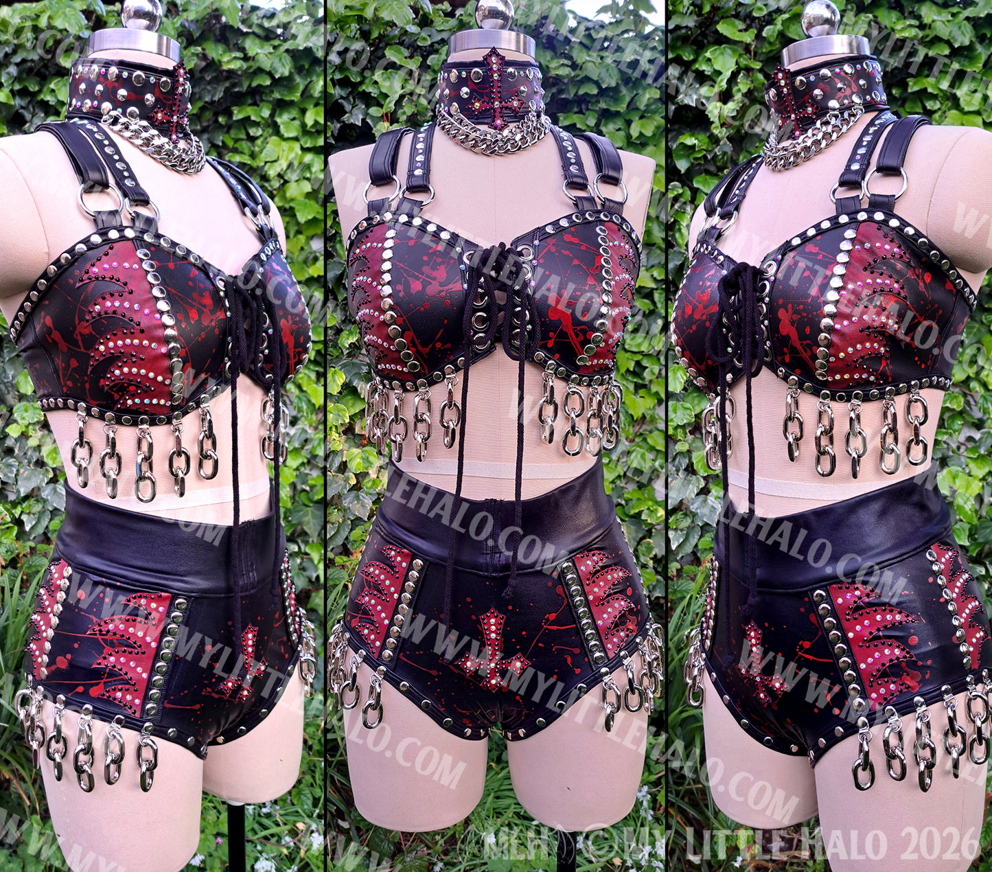 Red Flame, Blood Spatter & Chain 3 Piece Set – Bralette, Hotpants & Choker