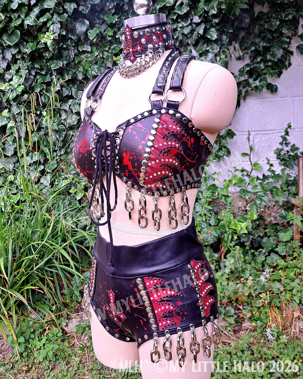 Red Flame, Blood Spatter & Chain 3 Piece Set – Bralette, Hotpants & Choker