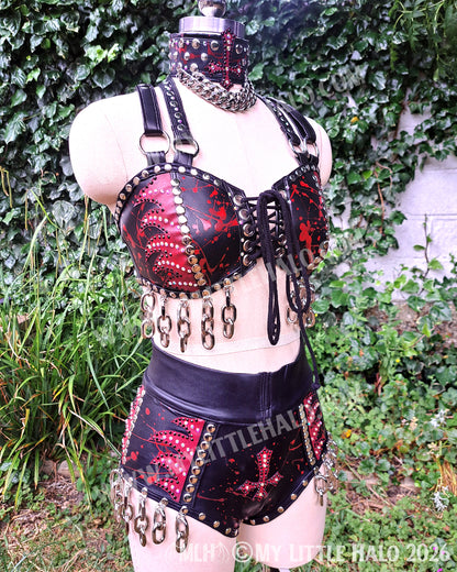 Red Flame, Blood Spatter & Chain 3 Piece Set – Bralette, Hotpants & Choker