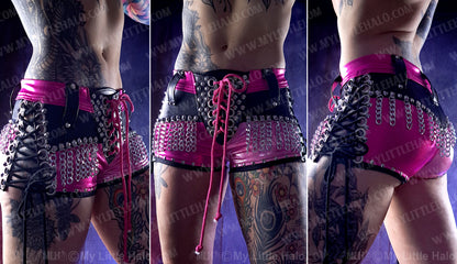 #1 Pink & Black Low Rise Chain Fringe Lace up Shorts