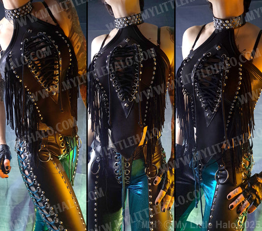 #15 Black Fringed Peephole Halter Top