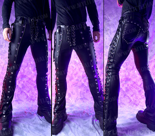 Men’s Matte Black Side Lace up Boot Cut Pants