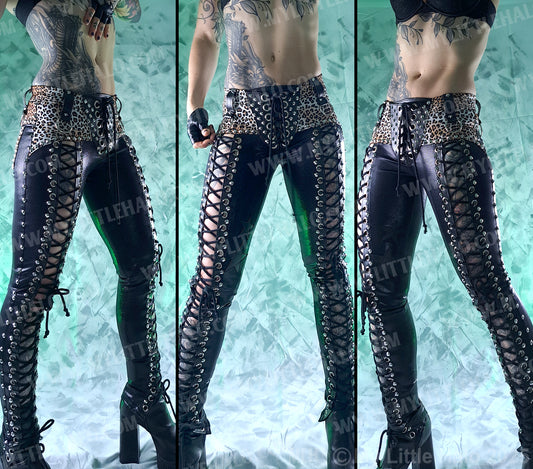 #7 Black & Cheetah Front Lace up Skinny Pants (Size Small)
