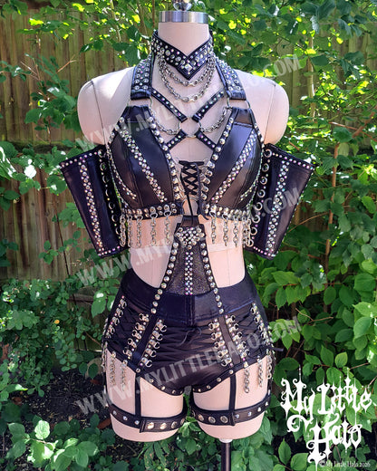 Black Lace up Rhinestone & Garter-belt Wrestling Set