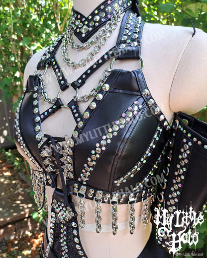 Black Lace up Rhinestone & Garter-belt Wrestling Set