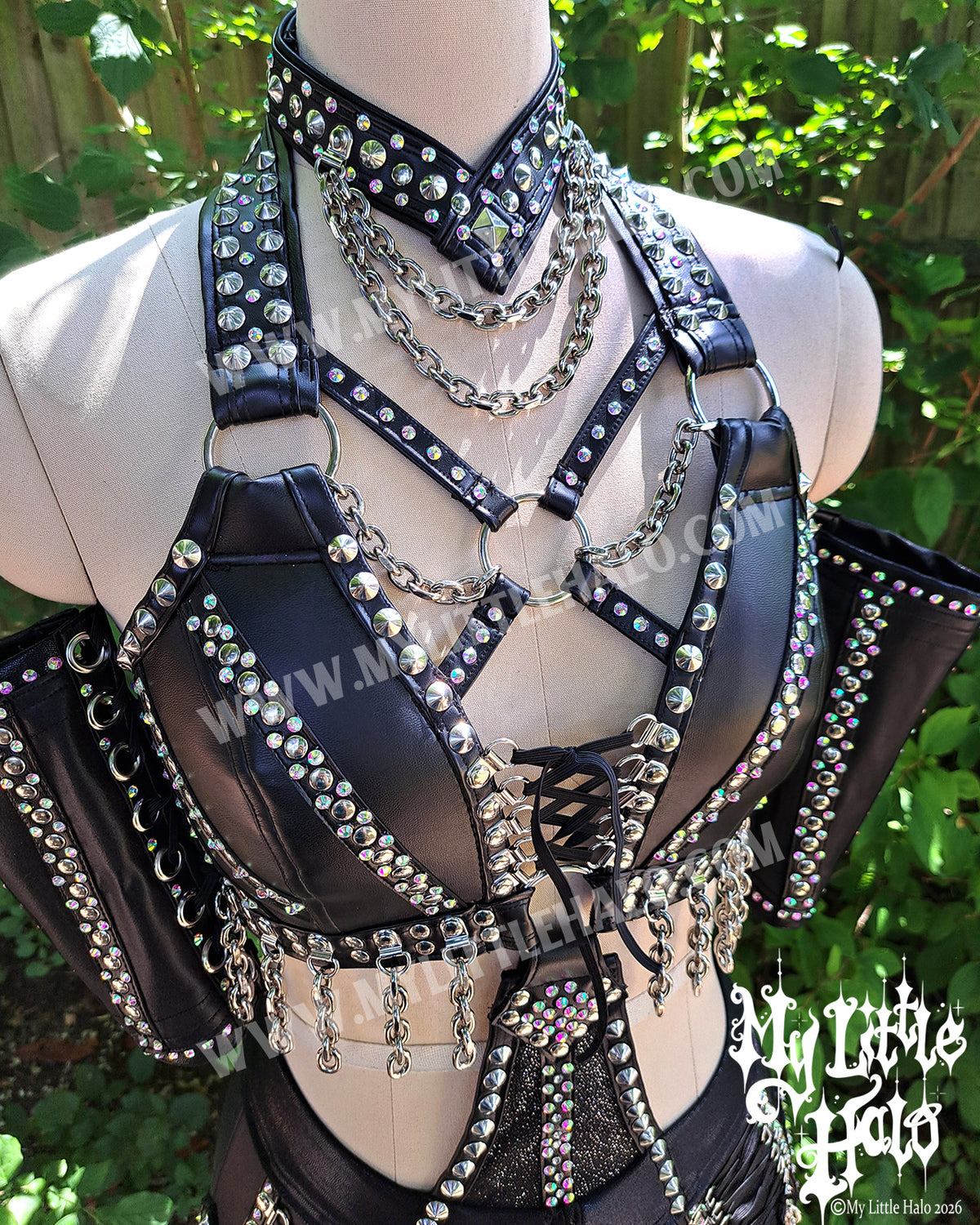 Black Lace up Rhinestone & Garter-belt Wrestling Set
