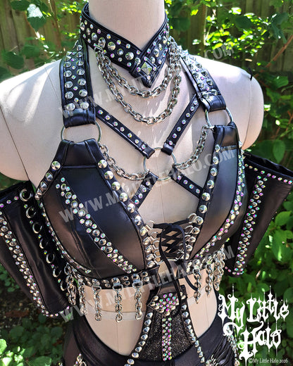 Black Lace up Rhinestone & Garter-belt Wrestling Set
