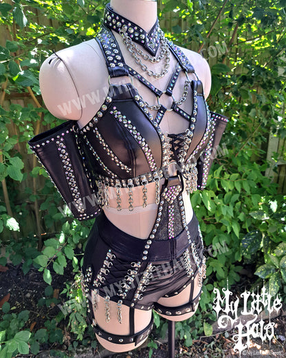 Black Lace up Rhinestone & Garter-belt Wrestling Set