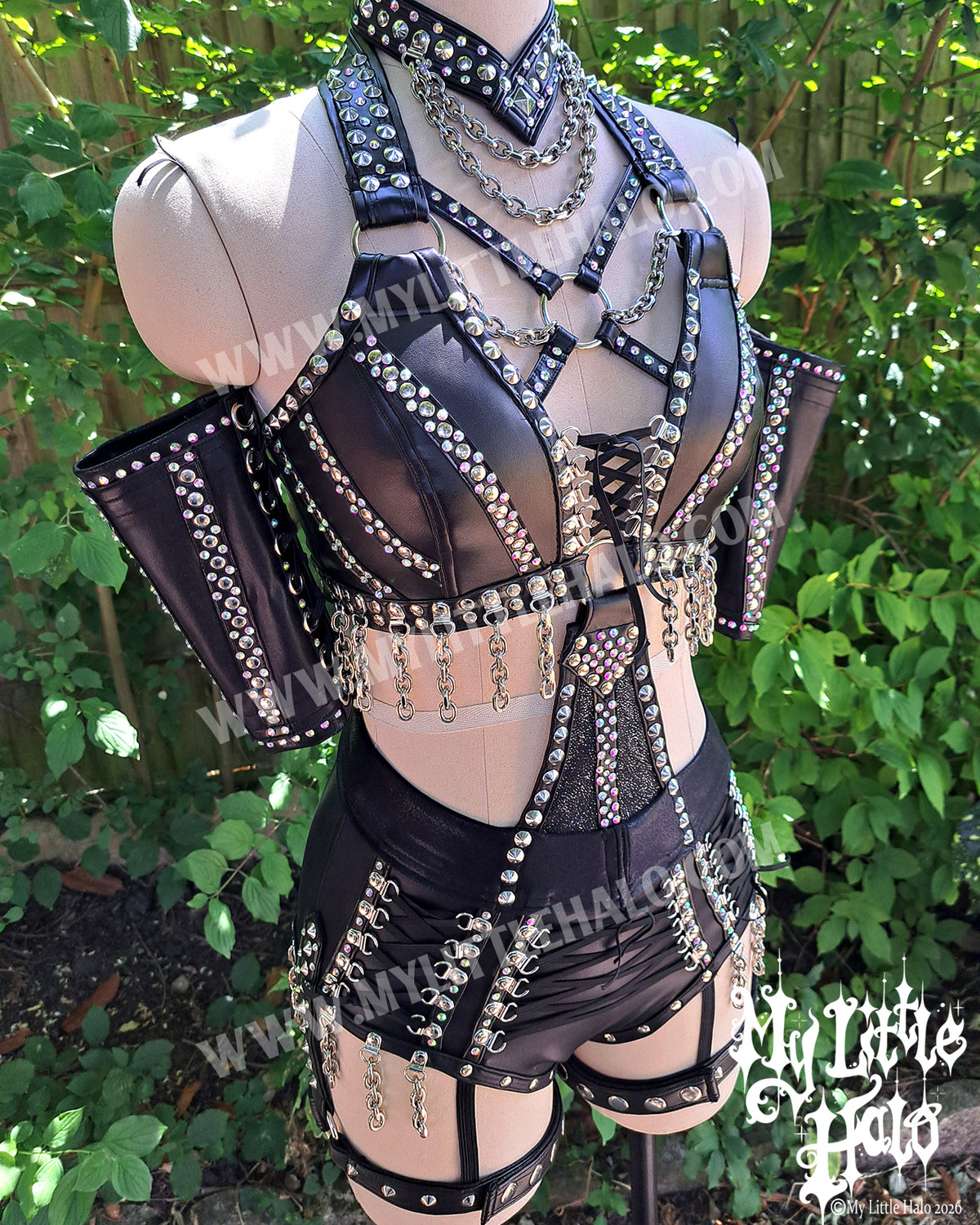Black Lace up Rhinestone & Garter-belt Wrestling Set