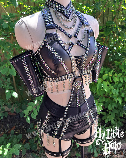Black Lace up Rhinestone & Garter-belt Wrestling Set