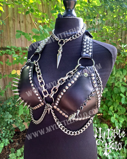 Black Chunky Chain Spiked Bikini Top