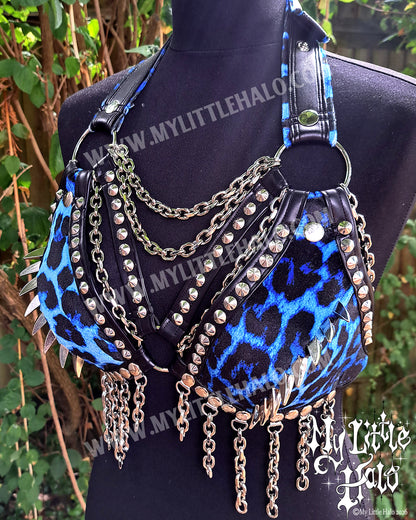 Blue Leopard Print Dragon Claw Spiked Bikini Top