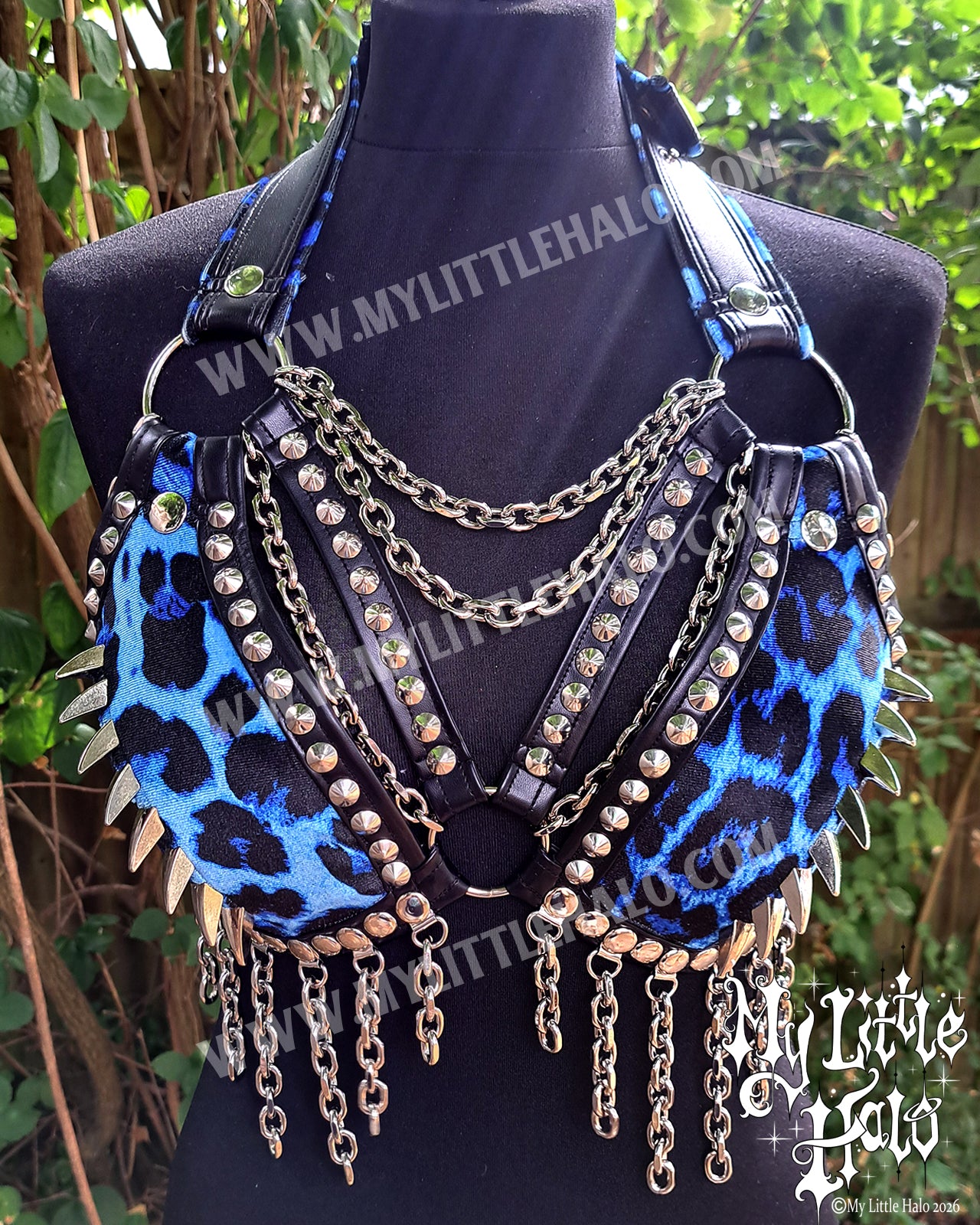 Blue Leopard Print Dragon Claw Spiked Bikini Top
