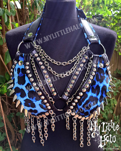 Blue Leopard Print Dragon Claw Spiked Bikini Top