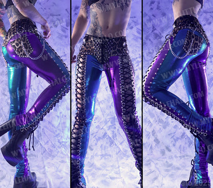 #1 Purple & Turquoise Leopard Print Front Lace up Pants