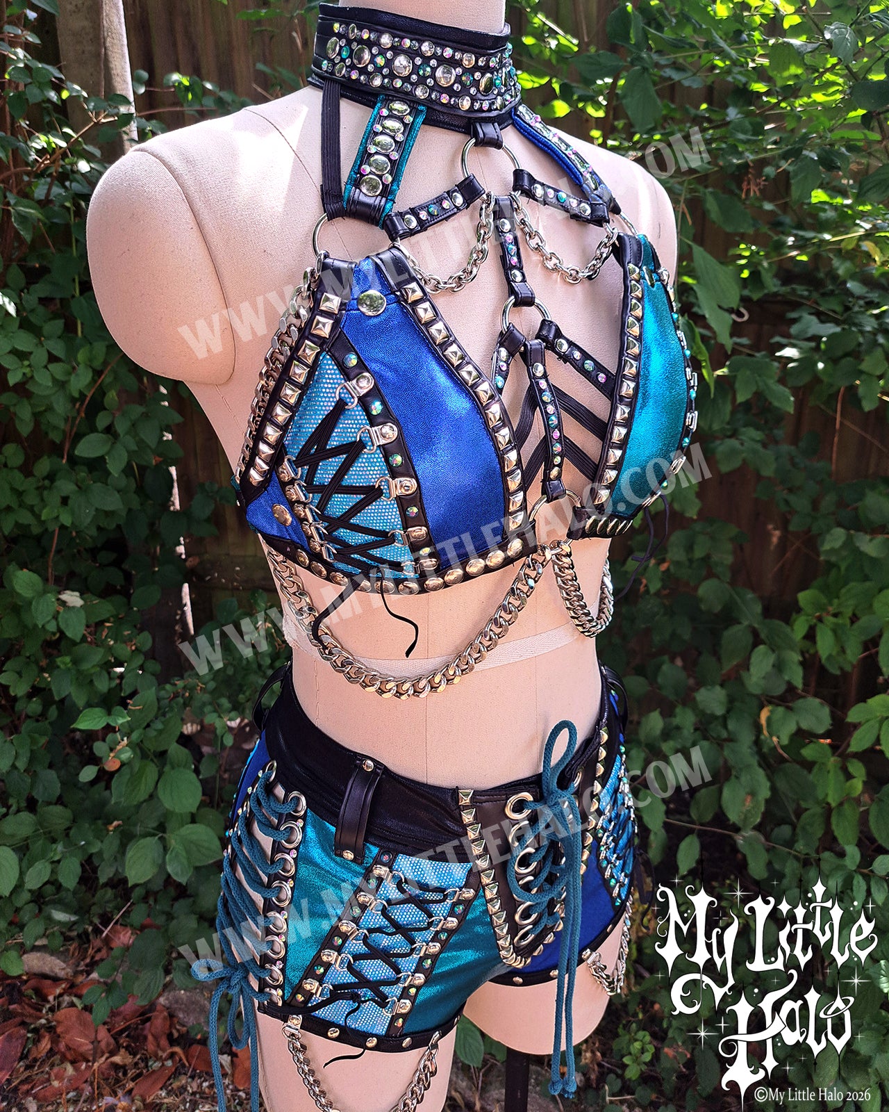 Blue & Teal Halter Bra & Shorts Set