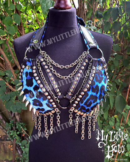 Blue Leopard Print Dragon Claw Spiked Bikini Top