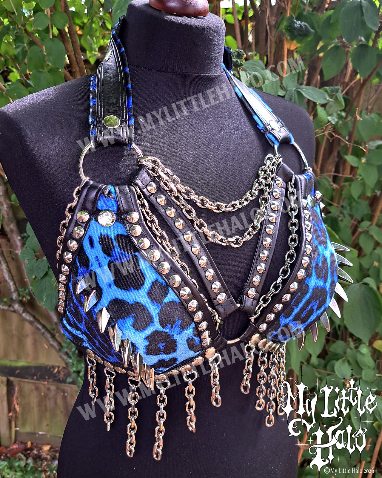 Blue Leopard Print Dragon Claw Spiked Bikini Top