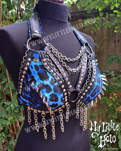 Blue Leopard Print Dragon Claw Spiked Bikini Top