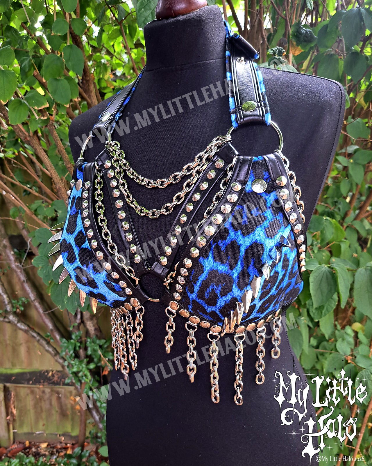 Blue Leopard Print Dragon Claw Spiked Bikini Top