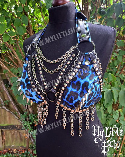 Blue Leopard Print Dragon Claw Spiked Bikini Top