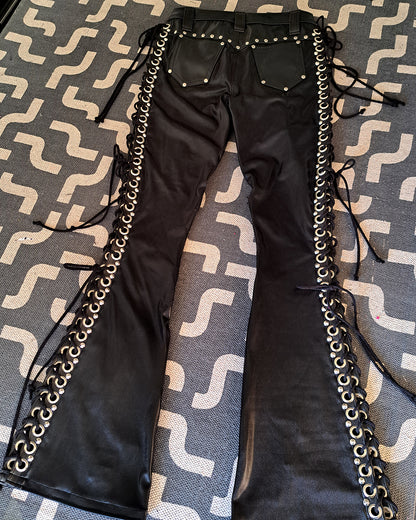 Mid Rise Wet Look Heavy Metal Buckle Strap Pants (Size L)