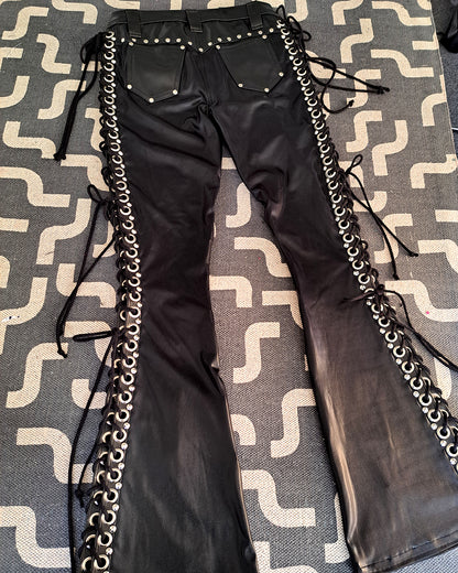 Mid Rise Wet Look Heavy Metal Buckle Strap Pants (Size L)