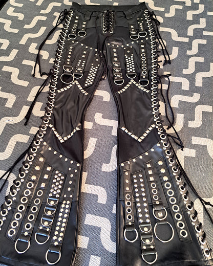 Mid Rise Wet Look Heavy Metal Buckle Strap Pants (Size L)