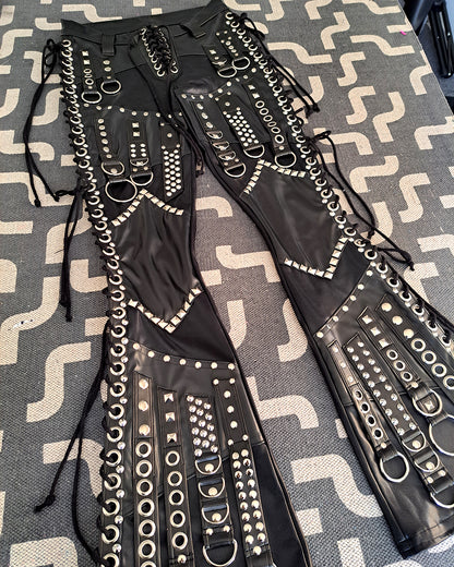 Mid Rise Wet Look Heavy Metal Buckle Strap Pants (Size L)